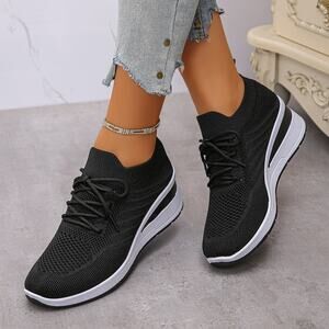 Trendy Treads Lace Up Wedge Athletic Shoes - Black - Size 9